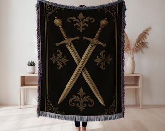 Gotycki tkany koc, gobelin z motywem średniowiecznego rycerza, narzuta w stylu dark fantasy, sztuka renesansu, wzór królewskiego wojownika, gobelin ścienny, wystrój domu