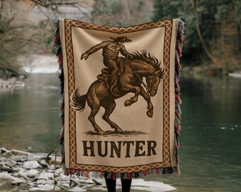 Custom Name Cowboy Woven Fringe Throw Blanket, Western Bronco Nursery Decor, Crib Blanket Baby Boy Birthday Gift, Wall Tapestry, Home Decor