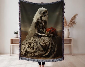 Skeleton Bride Woven Blanket, Dark Macabre Tapestry Throw, Horror Home Decor, Halloween Gift, Wall Tapestry, Home Decor, Art Blanket