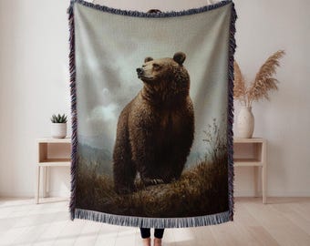 Bear Woven Blanket, realistic wildlife art tapestry throw, rustic lodge wall decor, bear lover gift, gift for him blanket, nature lover gift