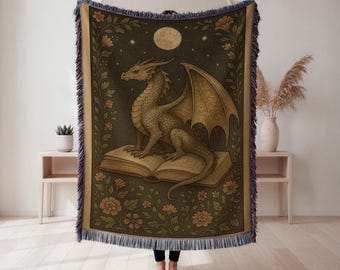 Book Lover’s Medieval Dragon Woven Throw Blanket, Fantasy Reading Tapestry, Bookish Home Decor Gift, Wall Tapestry, Home Decor, Art Blanket