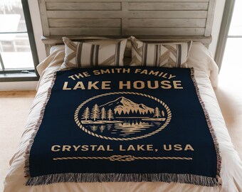 Personalized Mountain Cabin Woven Blanket, Cozy Rustic Home Decor Throw, Lodge Cabin Woven Cover, Nature Gift for Outdoors Enthusiasts