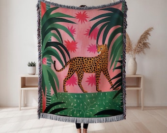 Coperta in tessuto leopardato, arazzo con illustrazione della giungla tropicale, arredamento per la casa in stile giungla, regalo per gli amanti della natura, arazzo da parete, arredamento per la casa