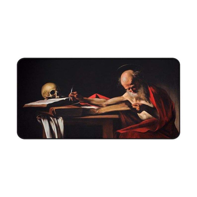 May include: A painting of a man with a long white beard, wearing a red robe, writing on a book with a quill pen. A skull is on the table next to him.
