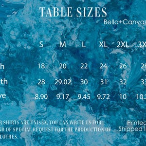 May include: A size chart for Bella + Canvas 3001 t-shirts, showing measurements in inches for width, length, and sleeve length for sizes S through 3XL.