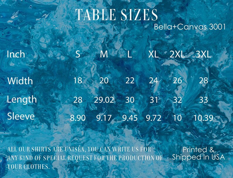 May include: A size chart for Bella + Canvas 3001 t-shirts, showing measurements in inches for width, length, and sleeve length for sizes S through 3XL.