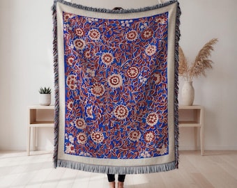 Floral vine woven blanket, blue boho botanical throw, vintage inspired flower pattern home decor accent, cozy decorative blanket, Botanical