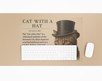 Pode incluir: Um gato marrom e branco usando um chapéu-coco preto. O texto "Cat with a Hat" está escrito acima do gato. O texto abaixo do gato diz "The "Cat with a Hat" is a whimsical variation of the domestic cat, often depicted wearing headwear such as a top hat, fedoras, or berets."