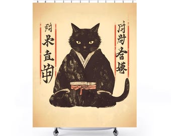 Cat In Kimono Shower Curtain | Japanese Bathroom | Unique Home Decor | Novelty Shower Curtain | Cat Lover Gift