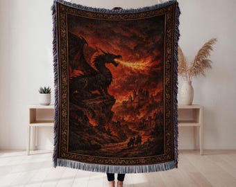 Drakvävd filt, eldig fantasi-gobeläng, medeltida fantasidekor, gåva för fantasyälskare, vägggobeläng, heminredning, konstfilt
