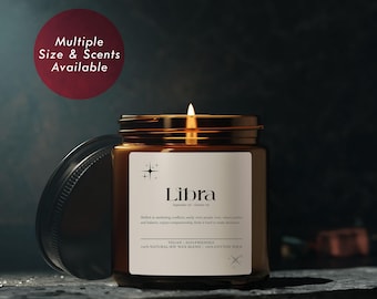 May include: A lit candle in a brown glass jar with a black lid. The label reads "Libra" with text about the zodiac sign. The text "Multiple Size & Scents Available" is in a red circle.