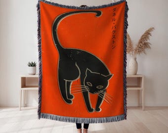 Black cat woven blanket, Japanese text poster style, vibrant orange design, home décor gift, Japanese Decor, Japanese Art, Japanese Gift