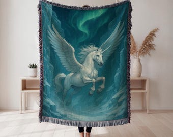 Winged Unicorn Woven Blanket, Magical Fantasy Tapestry Throw, Fantasy Room Decor, Unicorn Lover Gift, Cottagecore Tapestry, Wall Tapestry