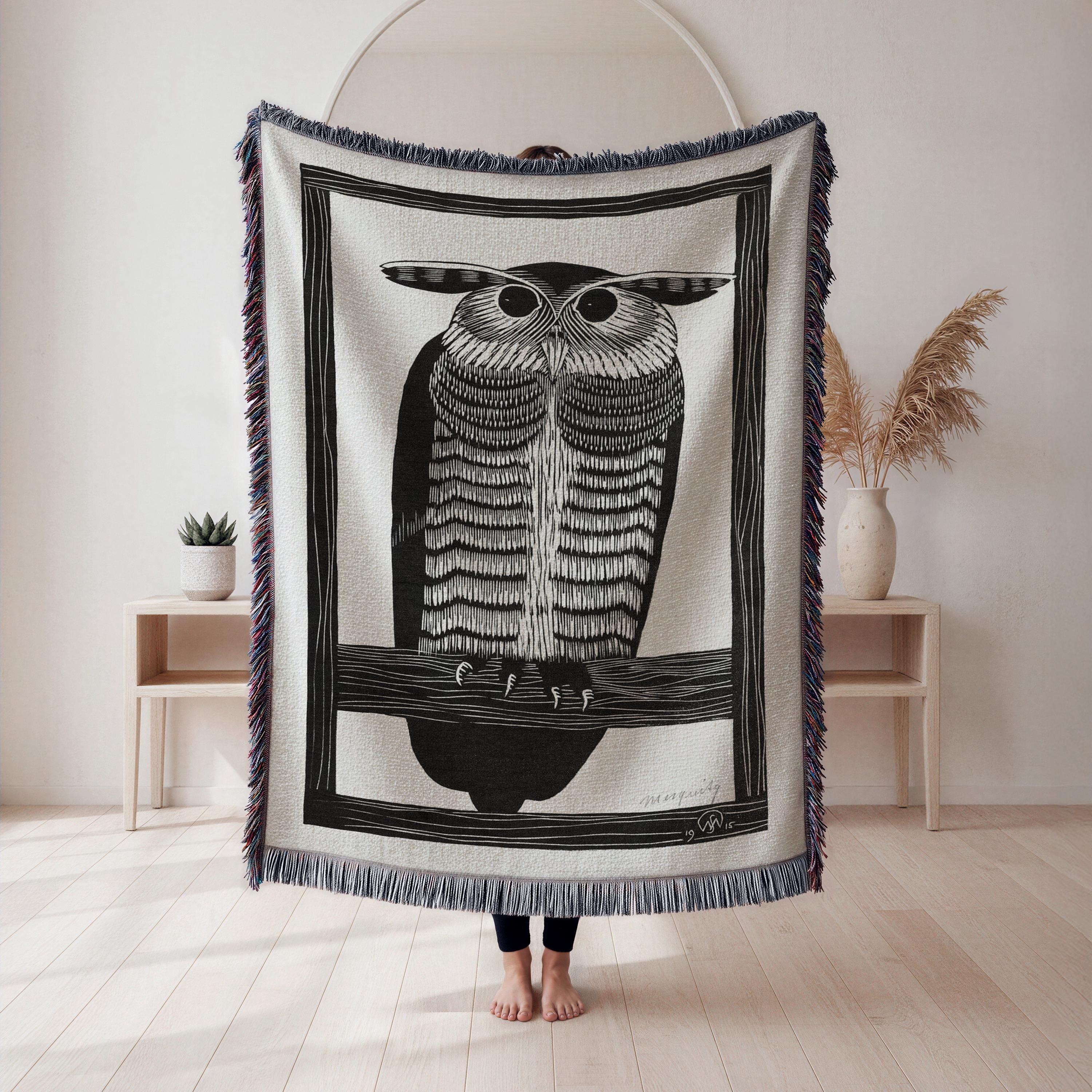 Owl Perched Woven Blanket, graphic black and white nature art tapestry throw, rustic wildlife wall d