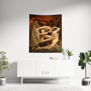 Death Tapestry, Gothic Tapestry, William Adolphe Bouguereau Art, Dante and Virgil in Hell Painting, Vintage Tapestry, Hell Wall Art