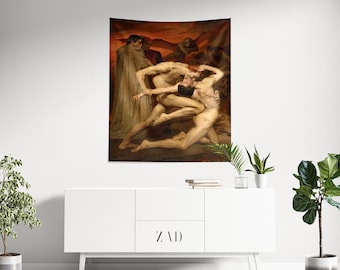 Death Tapestry, Gothic Tapestry, William Adolphe Bouguereau Art, Dante and Virgil in Hell Painting, Vintage Tapestry, Hell Wall Art