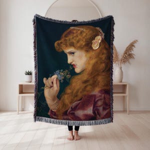 Dante Gabriel Rossetti Bocca Baciata vävd filt, kvinnoporträtt konsttapestri pläd, prerafaelitisk konstdekor, konstälskare gåva, heminredning
