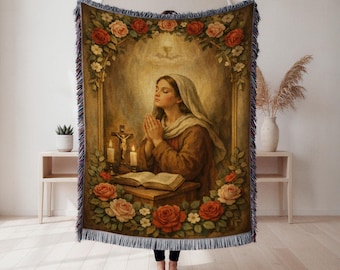 Virgin Mary Woven Blanket, Devotional Tapestry Throw, Christian Home Decor, Prayer Room Gift, Wall Tapestry, Home Decor, Art Blanket