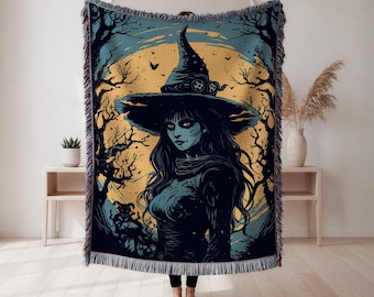 Månbelyst häxa vävd filt, mörk fantasi gobeläng pläd, kuslig väggdekoration, Halloween gåva, vägggobeläng, heminredning, konstfilt