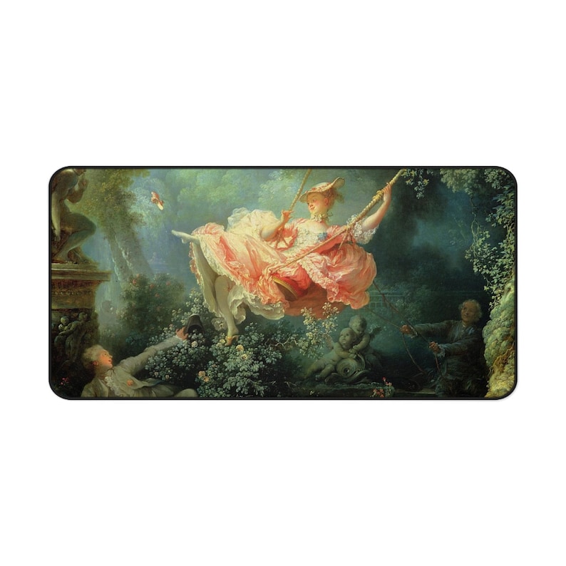 May include: A woman in a pink dress swings on a rope swing in a lush green garden. Two cherubs watch from below, while a man in a brown coat stands to the right.