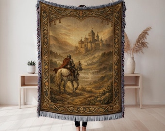 Knight and Castle Woven Blanket, Medieval Landscape Tapestry Throw, Fantasy Decor for Castle Fans, Adventure Gift, Cottagecore Tapestry