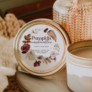 Editable Autumn Candle Label, Customizable Canva Template, DIY Fall Business Lid Sticker, Unique Sticker, Seasonal Flower Product Label H388