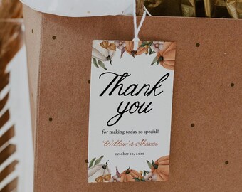 Mall för etiketter med LITEN PUMPA och babyshower, etiketter med höstens boho pumpa- och babyshowermotiv, utskrivbara tacketiketter för höstens Thanksgiving, 1609