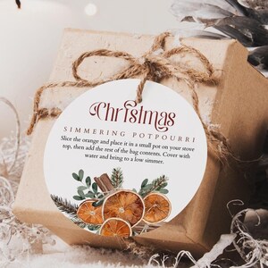 Modello modificabile per etichetta regalo Boho Holiday Simmering Fireplace Potpourri, etichetta regalo rotonda Holiday Potpourri, etichetta stampabile per profumi natalizi 1392