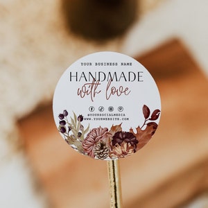 DIY herfst zakelijke verpakking etiketten, bewerkbare ronde doos zegel sticker, klein bedrijf branding label, handgemaakte pakket labelsjabloon, H288