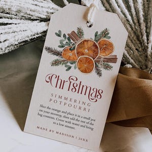 編集可能なボヘミアンホリデーシマーリングストーブトップポプリギフトタグテンプレート、DIYポプリギフトタグ、印刷可能なモダンなクリスマスの香りのタグ、1391