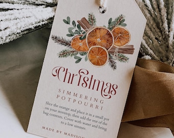 Editable Boho Holiday Simmering Stovetop Potpourri Gift Tag Template, DIY Potpourri Favor Tag, Printable Modern Christmas Scents Tag, 1391