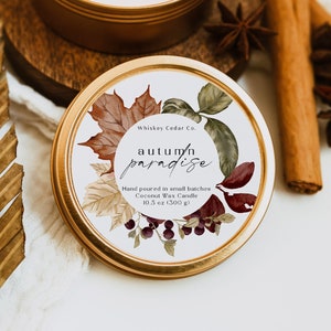 Editable Autumn Candle Label, Customizable Canva Template, DIY Fall Business Lid Sticker, Unique Sticker, Seasonal Leaves Product Label 978