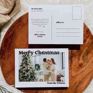 Bearbeitbare elegante Weihnachtspostkarte, benutzerdefinierte Foto-Weihnachtskartenvorlage, moderne Familien-Weihnachtsfotokarte, frohe Feiertage Karte, 1367