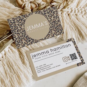 Afdrukbaar visitekaartje met QR-code, dierenprints naamkaartsjabloon, direct downloaden, DIY bewerkbare telefoonkaarten, Canva-sjabloon, H143