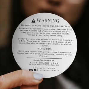 Editable Wax Melt Warning Label Template, DIY Burning Instruction, Safety Sticker, Customizable Canva Label Design, 2&quot; Round Label H468