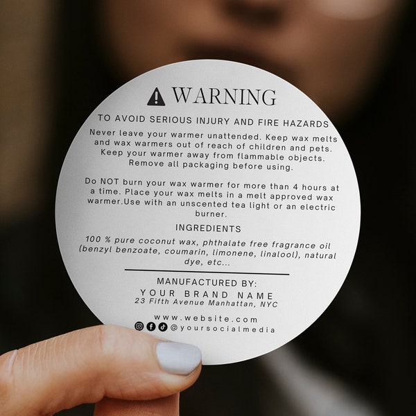 Editable Wax Melt Warning Label Template, DIY Burning Instruction, Safety Sticker, Customizable Canva Label Design, 2" Round Label H468