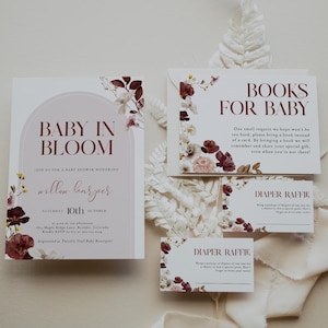 BABY IN BLOOM Baby Shower Invitation Template, Autumn Wildflower Baby Shower Invitation Suite, Burgundy Flower Baby Shower Decorations, 1630