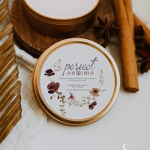 Editable Autumn Candle Label, Customizable Canva Template, DIY Fall Business Lid Sticker, Unique Sticker, Seasonal Flower Product Label H389