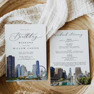 CHICAGO Birthday Weekend Invitation Template, Watercolor Chicago Birthday Party and Itinerary Invite, Chicago Skyline Birthday Trip, 1551