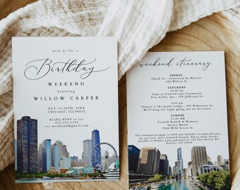 CHICAGO Birthday Weekend Invitation Template, Watercolor Chicago Birthday Party and Itinerary Invite, Chicago Skyline Birthday Trip, 1551