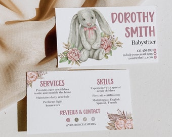 Editable Bunny Babysitter Business Card, Minimalist Babysitting Name Card, Instant Download, DIY Printable Contact Card, Canva Template H806