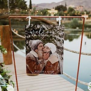 Plantilla de cartel de bienvenida para bodas, póster de bienvenida a nuestra boda moderno e imprimible, cartel de renovación de votos con foto minimalista editable, Rye 1234