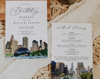 CHICAGO Birthday Weekend Invitation Template, Watercolor Chicago Birthday Party and Itinerary Invite, Chicago Skyline Birthday Trip, 1553