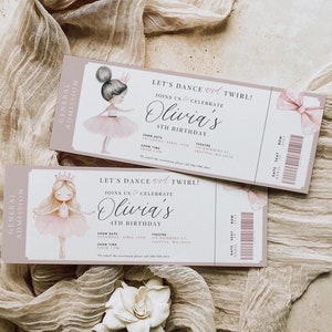 VIA Bearbeitbare Ballerina-Geburtstagsfeiereinladung, DIY-modernes Ballettticket-Tänzerin-Mädchen-Geburtstag einladen, Tutu-Ballerinakleidvorlage, 1410