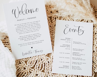 PRINTED + SHIPPED Modern Wedding Welcome Bag Card, Weekend Itinerary Timeline, Weeding Program Color Welcome Note | ZOEY