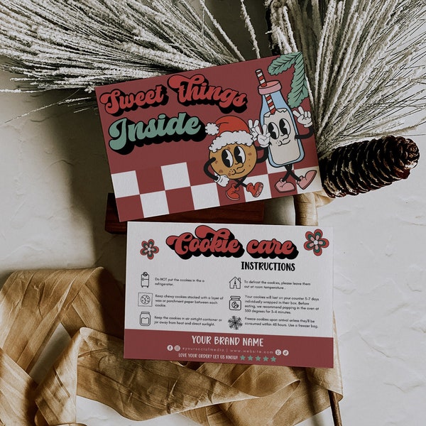 Plantilla editable de tarjeta de cuidado de galletas navideñas, tarjeta de agradecimiento para empresas de panadería, instrucciones para las fiestas, Canva imprimible, inserto de paquete de bricolaje H556