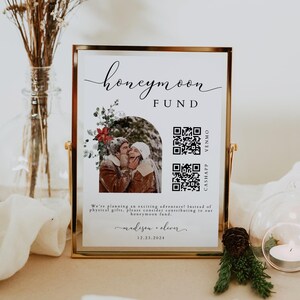 Winter kerst huwelijksreis Fonds teken, vakantie Venmo QR-code bruiloft wens teken, DIY bruiloft teken canvas sjabloon, bruiloft tafel teken, ROGGE 1229