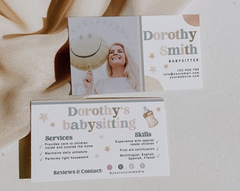 Editable Boho Babysitter Business Card, Minimalist Babysitting Name Card, Instant Download, DIY Printable Contact Card, Canva Template, H803