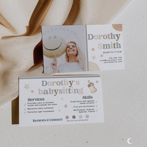 Bewerkbare Boho Babysitter visitekaartje, minimalistische oppas naamkaartje, Instant Download, DIY afdrukbare contactkaart, Canva sjabloon, H803