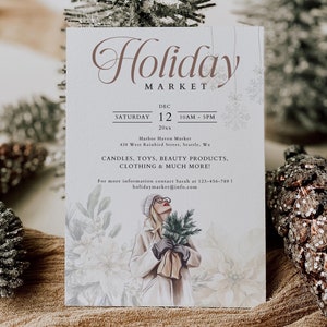Modello di volantino modificabile per il mercato delle feste, biglietto per evento pop-up di Natale, volantino per boutique pop-up di Natale, volantino per il mercato degli agricoltori Sip and Shop, 1294